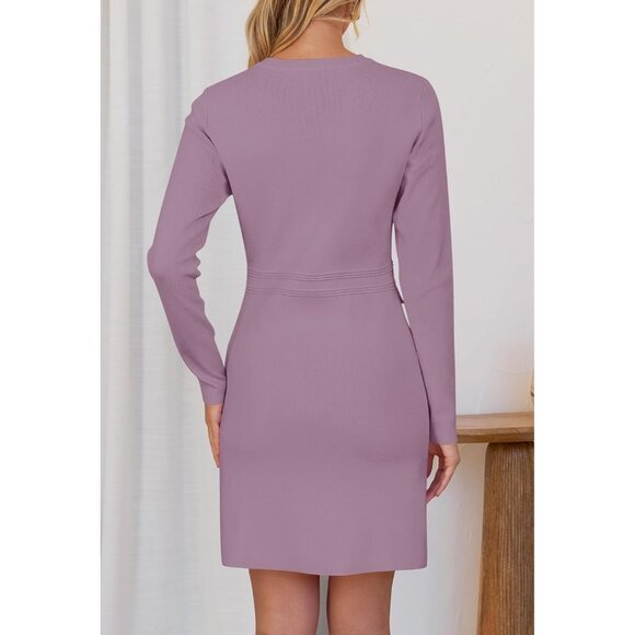 Fall 2025 Long Sleeve Bodycon Taro Sweater Dress for Women Winter Formal Mini - Picture 4 of 6